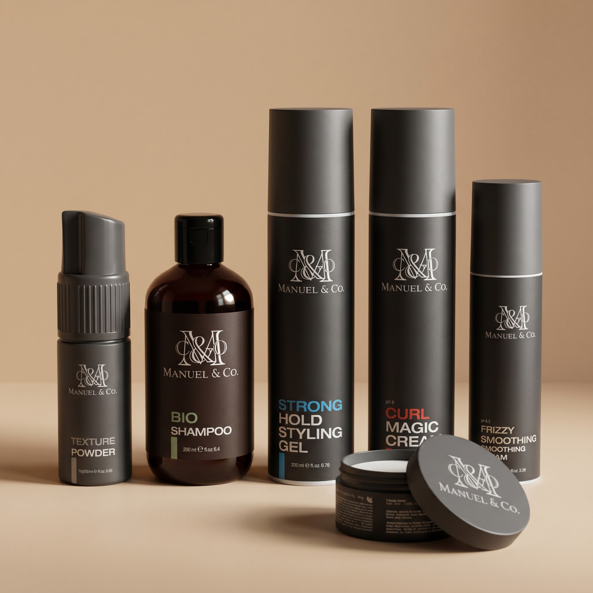 Manuel & Co. products: Texture Powder, Bio Shampoo, Strong Hold Styling Gel, Curl Magic Cream, Frizzy Smoothing Cream and Pomade